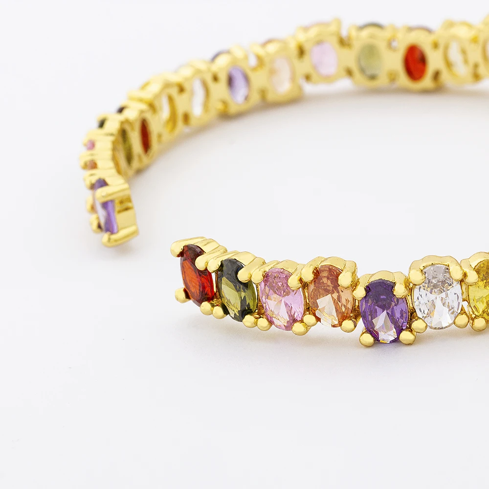 

High Quality Elegant Crystal Cuff Gold Color Bangles Rainbow Cubic Zirconia Bridal Opening Bracelet For Women Charm Jewelry
