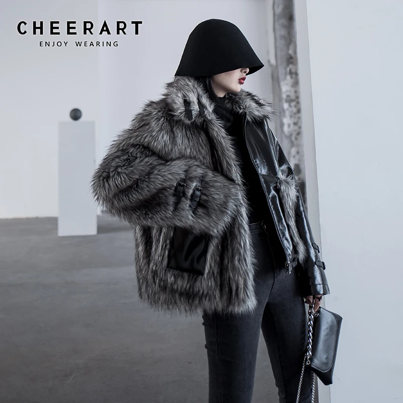 

Пальто из искусственного меха CHEERART, Женское пальто с воротником из черного лисьего меха, кожаная Дизайнерская куртка в стиле пэчворк, 2020