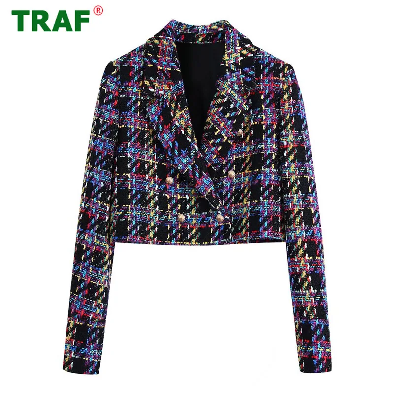 

TRAF 2022 Cropped Blazer Women Textured Tweed Blazer Woman Streetwear Short Jacket Women Long Sleeve Vintage Female Blazers Suit