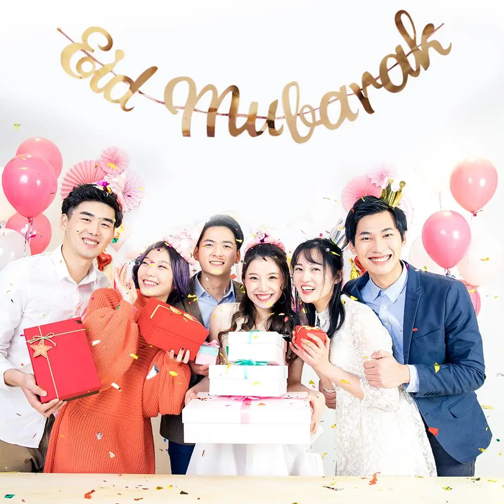 Золотой баннер с блестками бантиком Соединенные золотые блестки EID Mubarak Рамадан