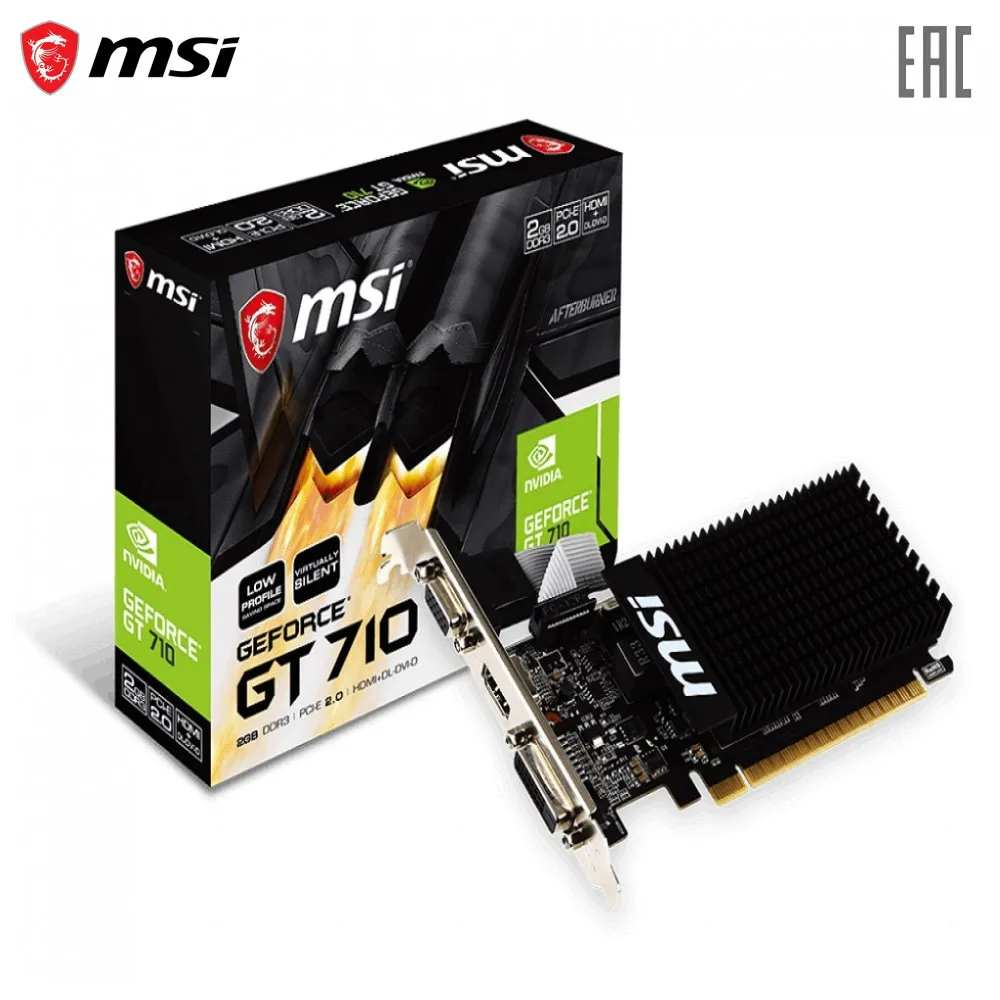 Видеокарта MSI PCIE16 Nvidia GeForce GT710 2ГБ 64 бит 954 МГц 1600 GDDR3 GT 710 2GD3H LP|Видеокарты| |
