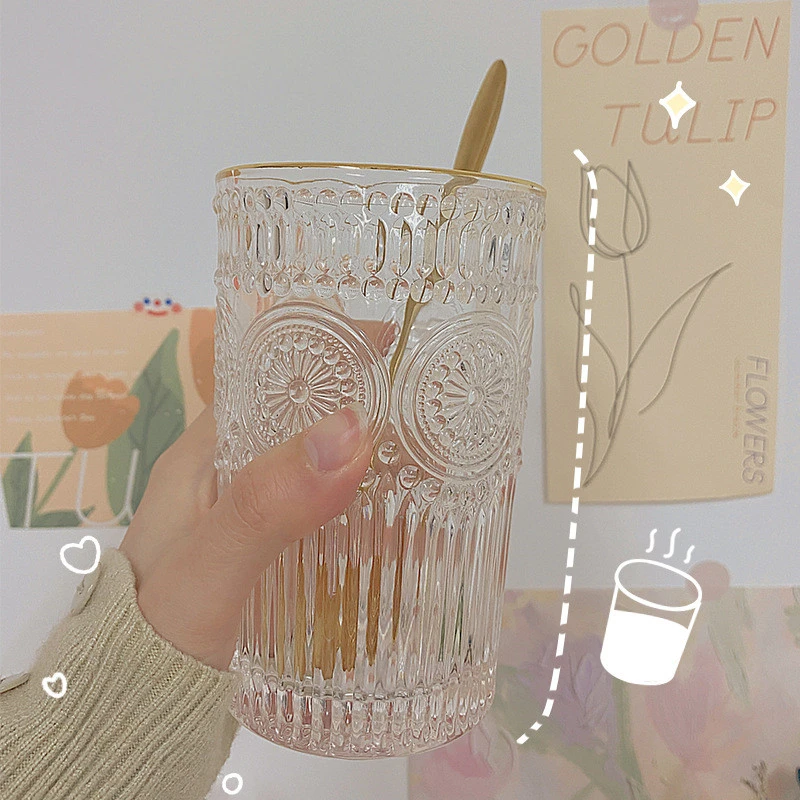 

Nordic Vintage Glass Cup Ice Beer Whiskey Transparent Cup Milk Coffee Cold Drink Glass sun Flower Embossed Tea Mug Water Cups