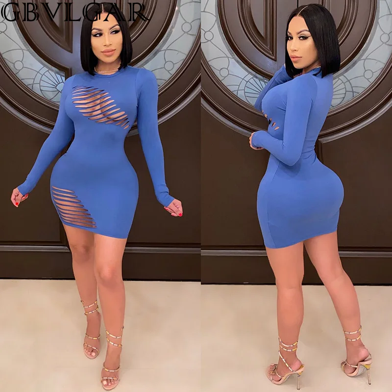 

Women Sexy O Neck Sheath Above Knee Dresses Female Party Night Club Wear 2020 Autumn Long Sleeve Hollow Out Mini Bandage Dress