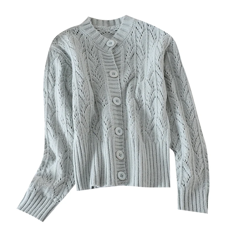 

Women's Spring Autumn Cardigan Korean Style Hollow Retro Round Neck Knitted Sweater New Loose Long-sleeved Cardigan Coats GX812