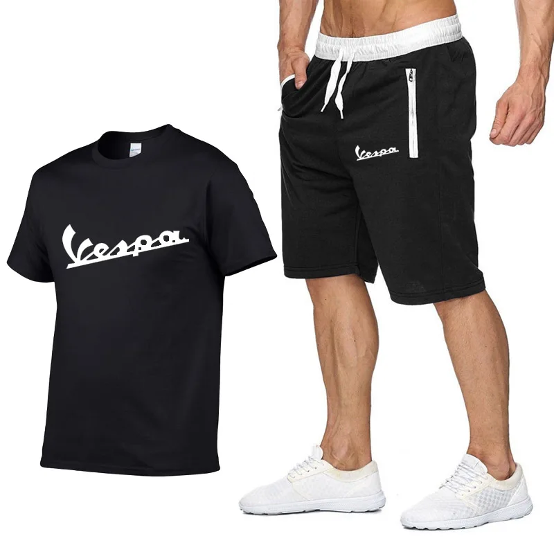 

2021 Brand t shirt Men Vespa Fashion Summer cotton short sleeve Sporting Suit T-shirt shorts Mens 2 Pieces Sets casual clothing