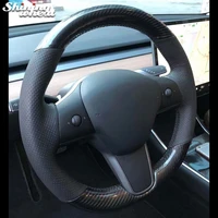 pu carbon fiber hand stitched steering wheel covers braid fortesla model 3 2017 2020 model y 2020 2021