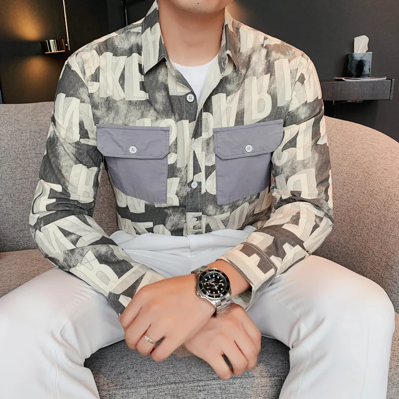 

Мужская хлопковая рубашка с длинным рукавом, осенняя Повседневная Простая рубашка с принтом букв и двойными карманами, Стандартный крой, 100%...