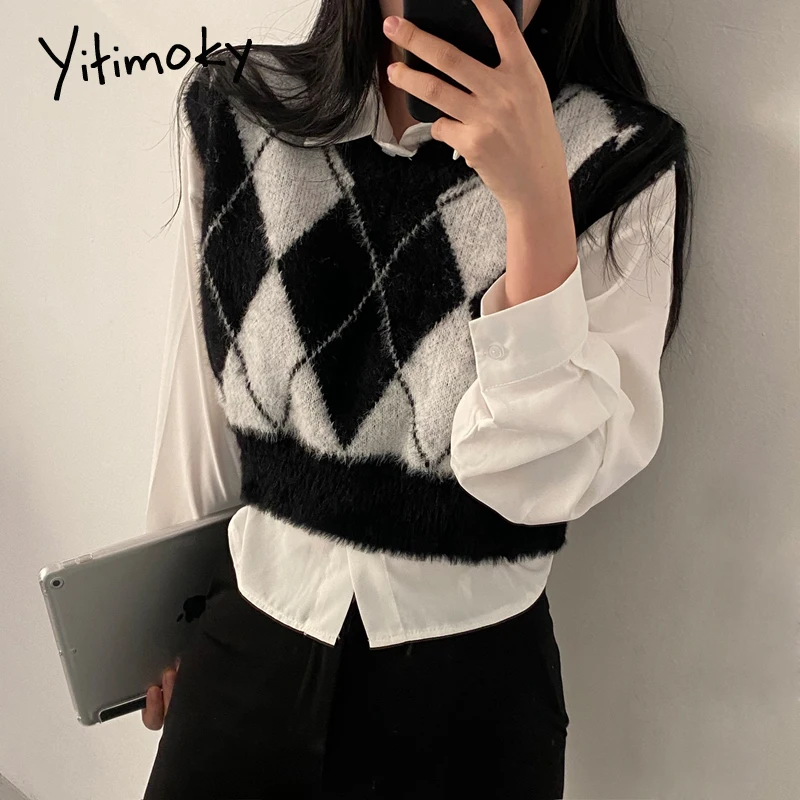 

Yitimoky Sweater Vest Women Jumper V Neck Sleeveless Knitted Crop Top Autumn Winter 2021 Korean Fashion New Pullover Black Tops