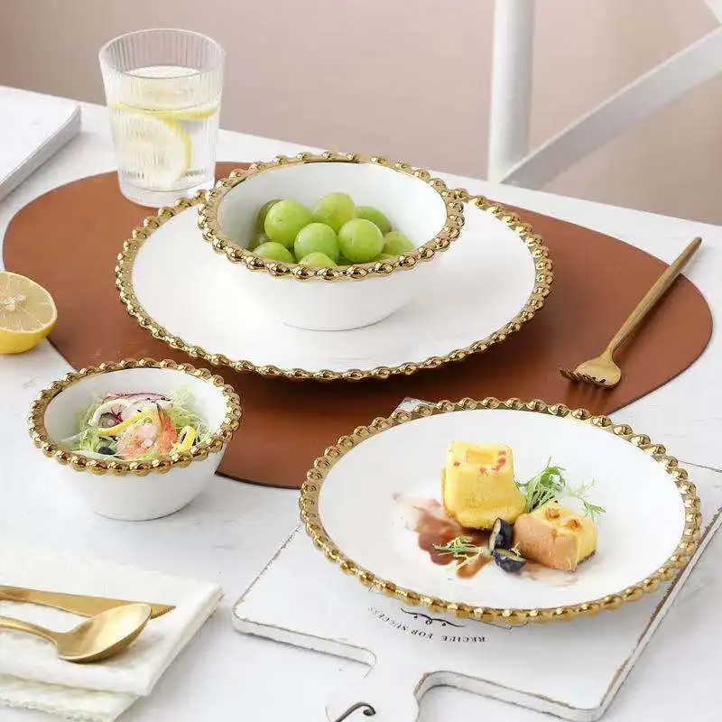 

Pure White Golden Inlay Phnom Penh Pearl Steak Salad Soup Dinner Plate Ceramic Dishes Tableware Porcelain Set Kitchen Wedding