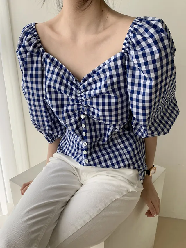 

COIGARSAM Vintage Plaid blouse women Puff Sleeve V-Neck blusas womens tops and blouses Blue 6505