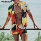 Мужской пляжный костюм-двойка INCERUN, рубашка с коротким рукавом и отворотами, с принтом, Повседневный, 2021