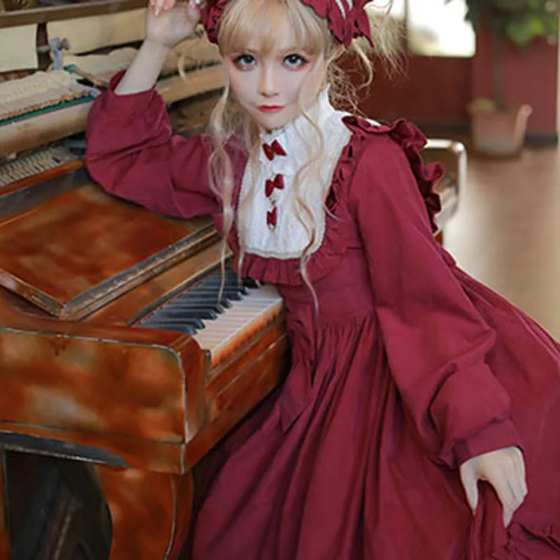 

Japanese Victorian Elegant Red Lolita Dress Women Vintage Sweet Kawaii Fairy Loli Temperament Dress Girsl Student Princess Dress