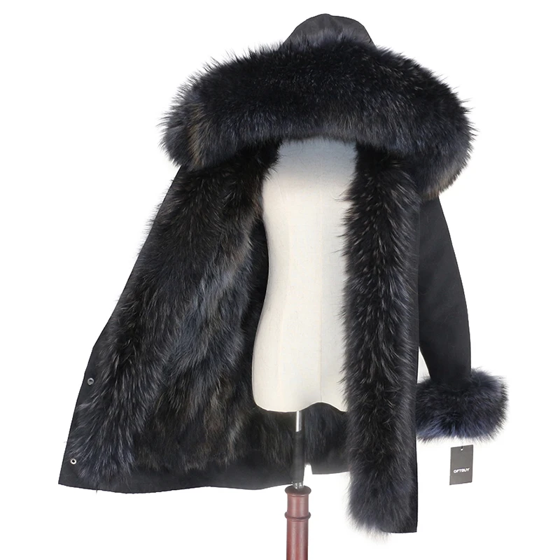 black grey grey OFTBUY, водонепроницаемое пальто с натуральным мехом, длинная парка, зимняя куртка для женщин, натуральный мех енота, воротник, капюшон, подкладка из лисьего меха, теплая уличная одежда - Цвет: black grey grey
