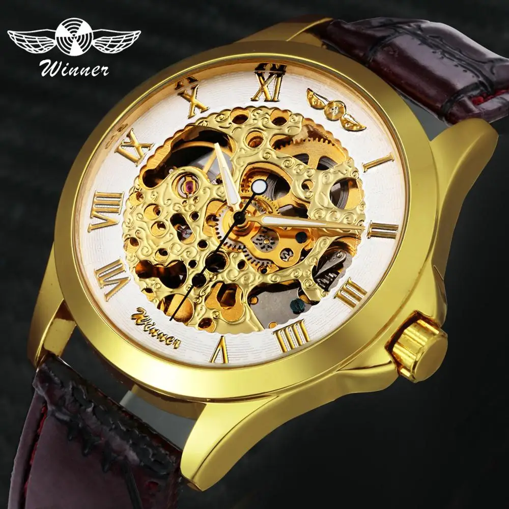 Женские модные автоматические механические часы WINNER с кожаным ремешком