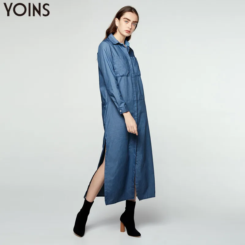 YOINS/женское длинное джинсовое платье рубашка с отложным воротником и длинными