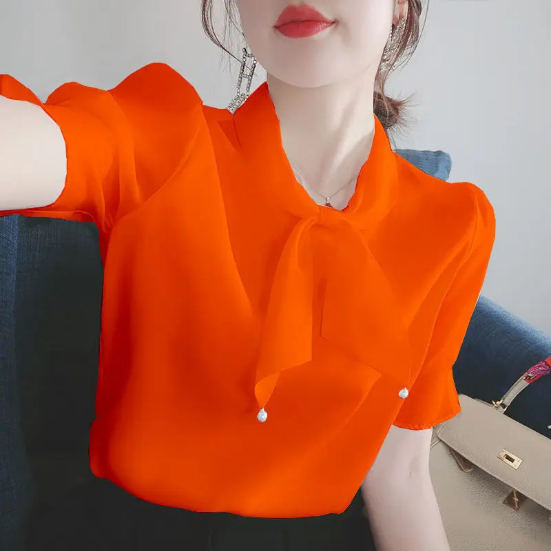 

Chiffon shirt women Korean version loose bow short-sleeved net red top super fairy gas small shirt tide