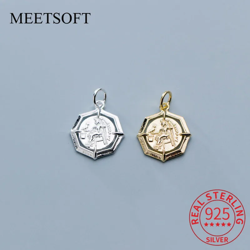 

MEETSOFT Genuine 925 Sterling Silver Geometry Square Craved Pattern Charms DIY Handmade Jewelry Necklace Deocration Accessories