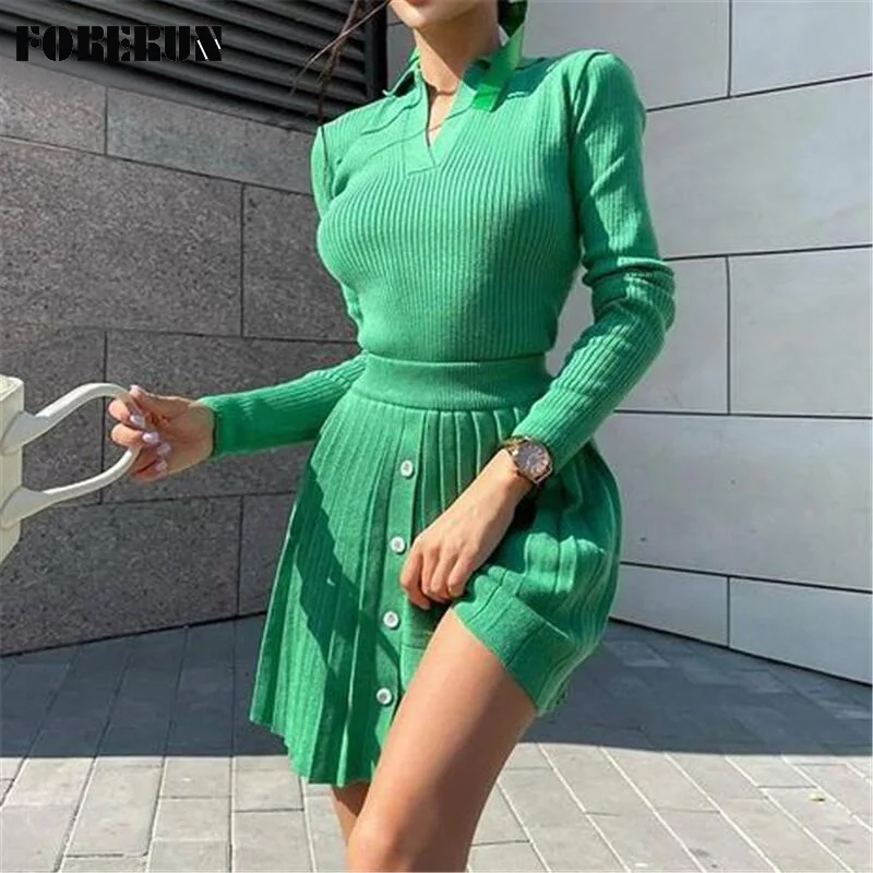 

FORERUN Knitted Suit Skirts Womens 2021 Fashion Polo Neck Solid Pullovers Pleated Mini Skirt Streetwear Autumn Two Piece Sets