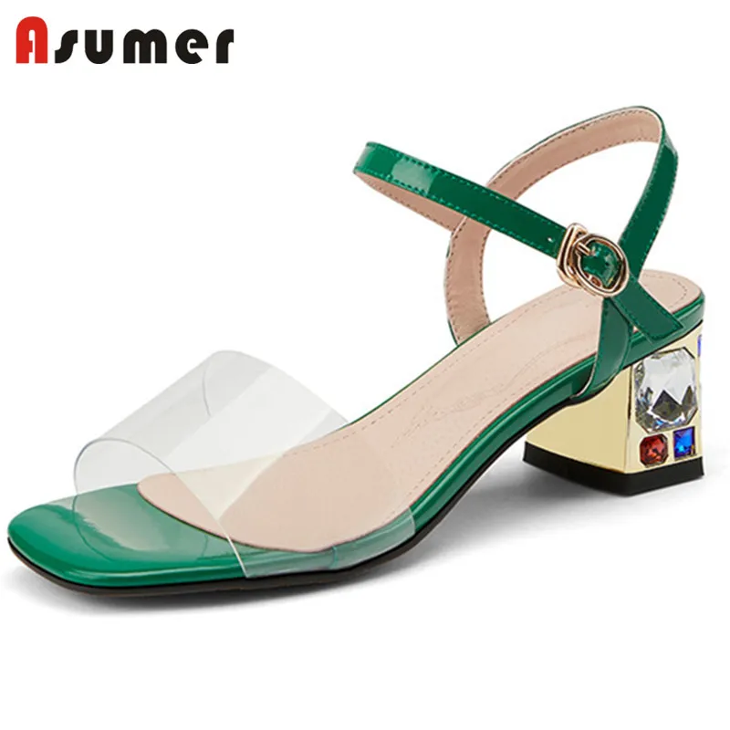 Женские босоножки ASUMER из лакированной кожи с кристаллами на квадратном высоком