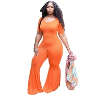 2021 summer women casual flared jumpsuits large size solid short sleeve o neck skinny ladys plus size bell bottomed rompers 5xl