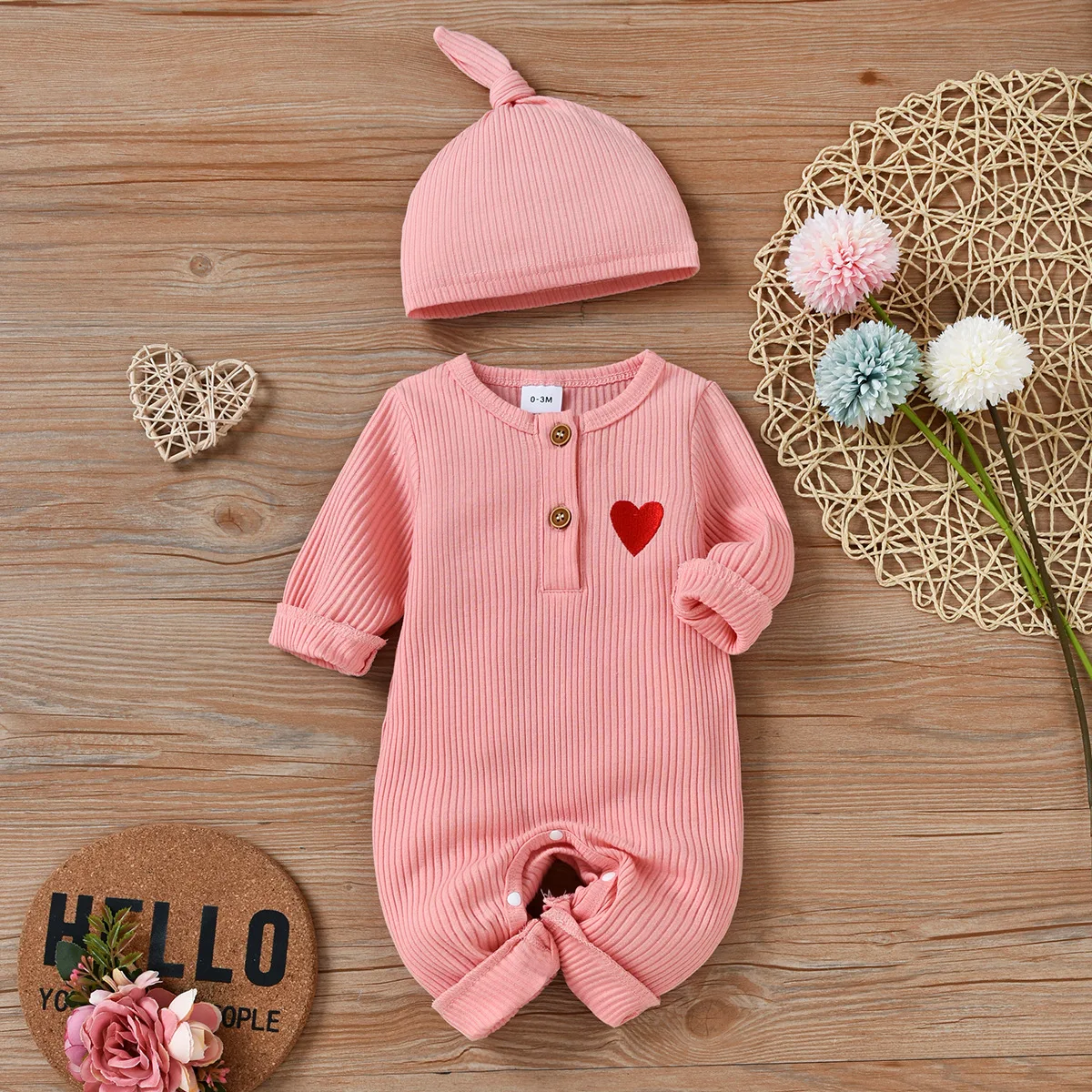 

Spring Autumn Clothing Newborn Baby Girl Boy Red Heart Ribbed Clothes Knitted Cotton Romper Solid Jumpsuit Hat