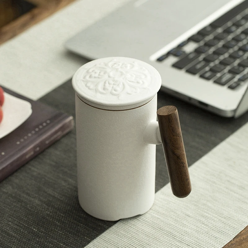 

Retro Japanese Ceramic Mug Office Tea Cup With Cover Filter Liner Coarse Ceramic Wooden Handle Mug Coffee Cups
