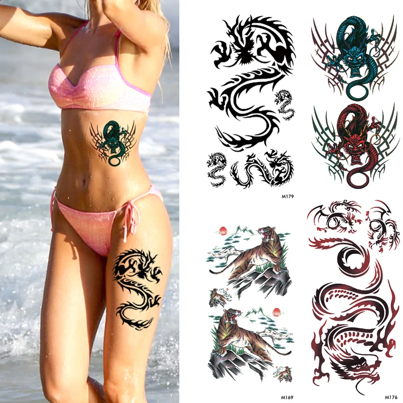 

Temporary Fox Tiger Lion Animal Tattoo Cover Spider Scorpion Flower Fake Tattoo Chinese Dragon Fox Body Art Painting Stickers