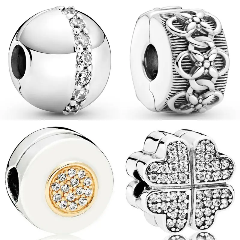 

Sparkling Line Flower Pattern Petals Of Love Clover Logo Clip Charm 925 Sterling Silver Beads Fit fashion Bracelet Diy Jewelry