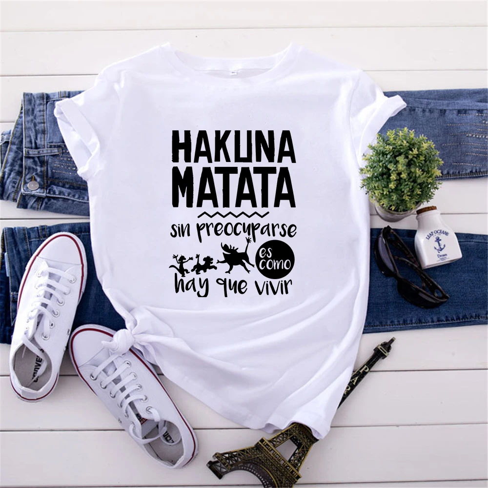 Женские футболки с принтом Hakuna Matata летние графическим и рукавом круглым вырезом