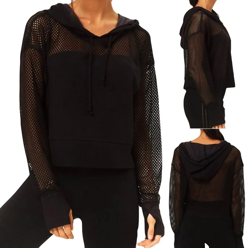 

Женские футболки футболка топ с аниме женская футболка кроп-топ Дамская однотонная с капюшоном сетчатая прозрачная свободная с длинным рук...