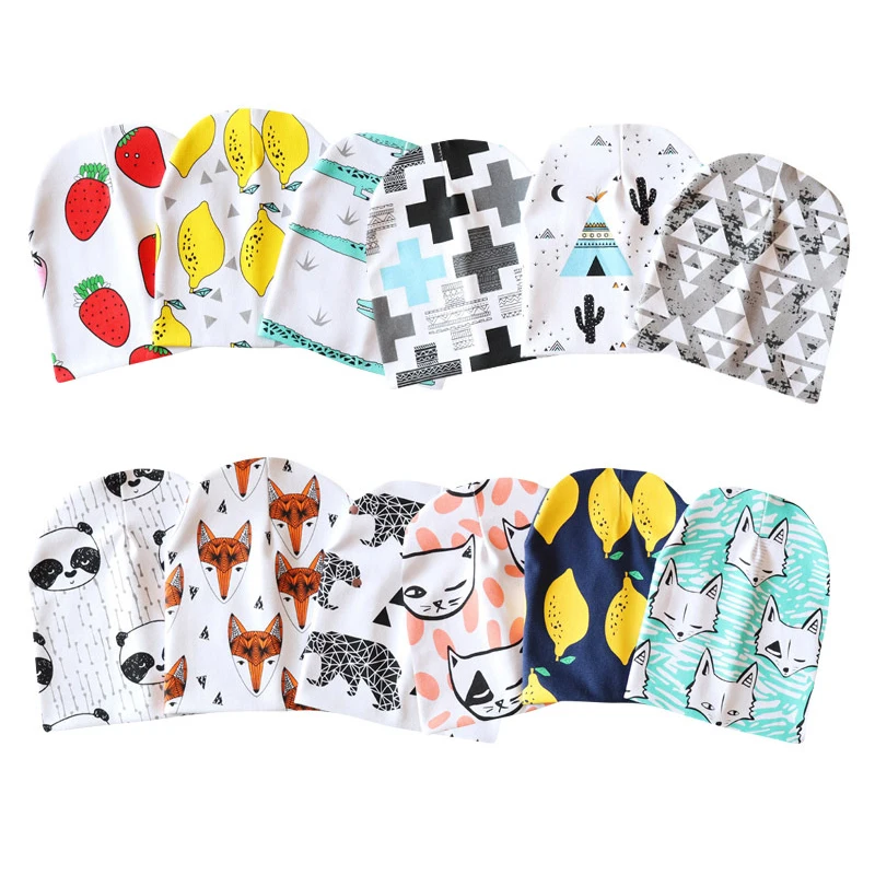 

Baby Beanie Caps Autumn Winter Cotton Cartoon Print Newborn Hat Elastic Toddler Infant Cap for Girls Boys Children Photo Props