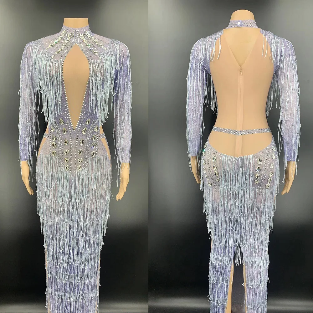 Sparkling Rhinestones Tassel Split Fork Dress Ankle-Length Long Sleeve Club Evening Costume Party For Women Stage Wear |