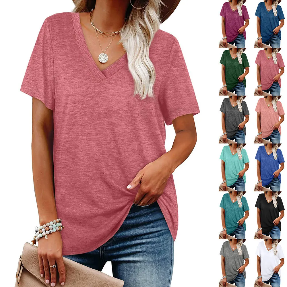 

New 2021 Women Summer Casual Tops Loose V-neck T-shirt Solid Short Sleeve T Shirts Ladies Fashion Cotton Pullover Tops Tees