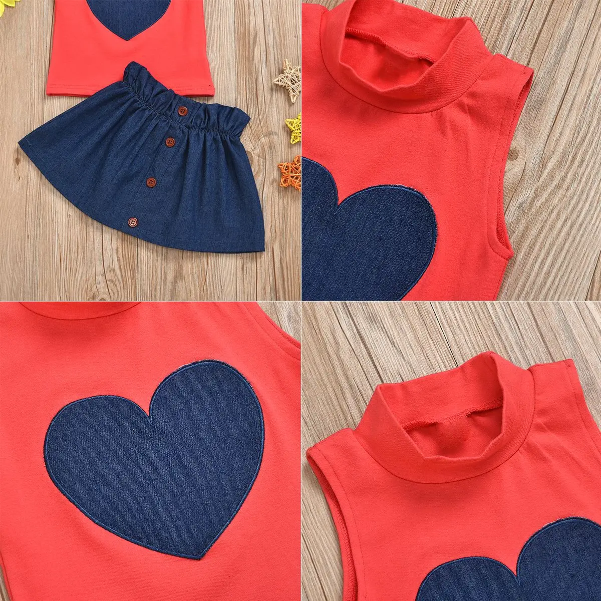 

2PCS Girls Sets Toddler Kids Baby Girls Love Printed Sleeveless Vest T-Shirt+Denim Skirt Set Clothes