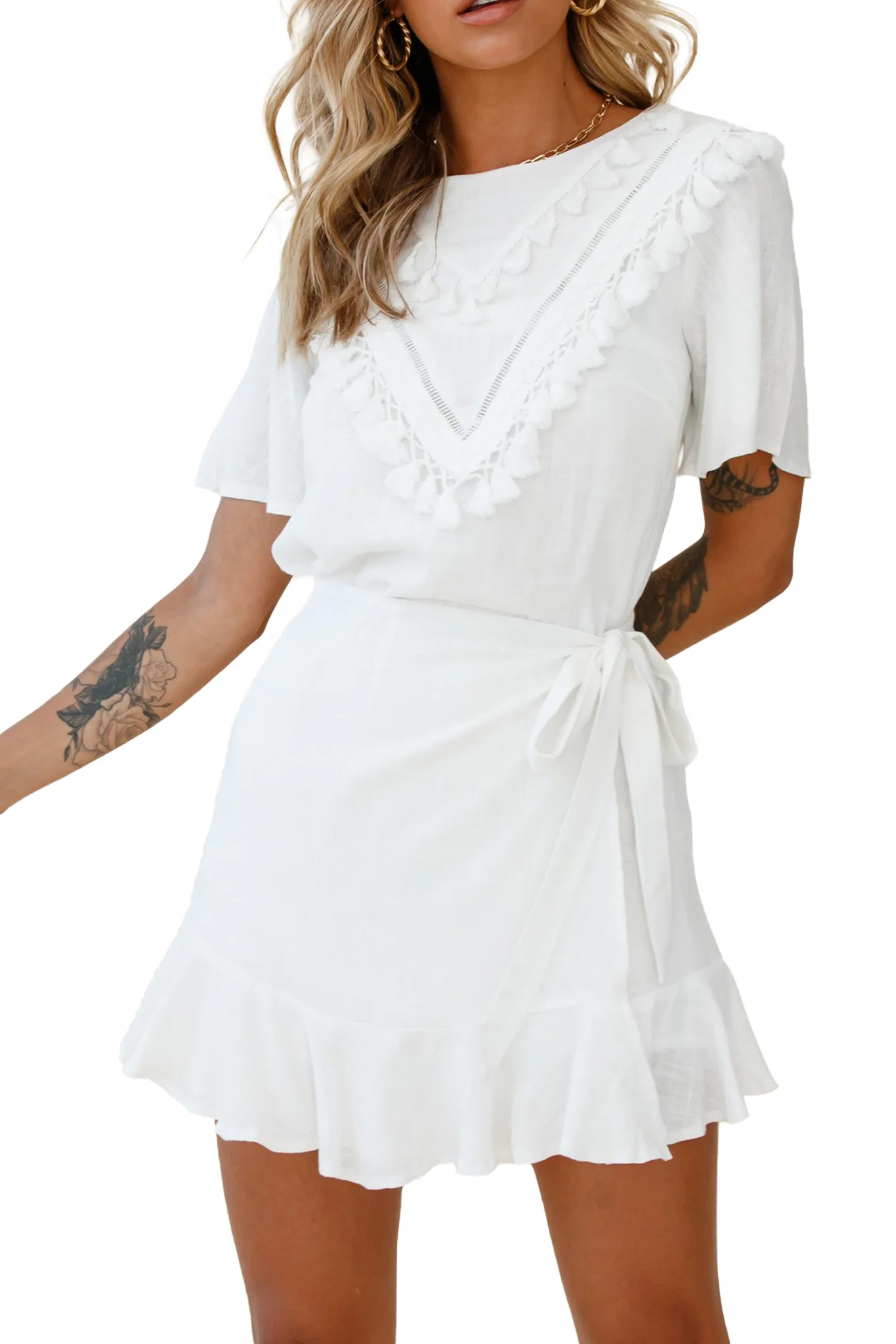

White/Pink Tassel Bust Wrap Bottom Dress Women Summer O Neck Short Sleeve Short Dress