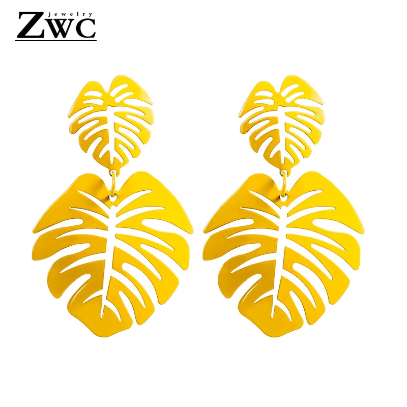 ZWC Новые Модные женские Полые зеленые белые желтые листья дерева серьги с длинной подвеской для женщин металлические висячие серьги ювелирные изделия оптом - Окраска металла: Yellow