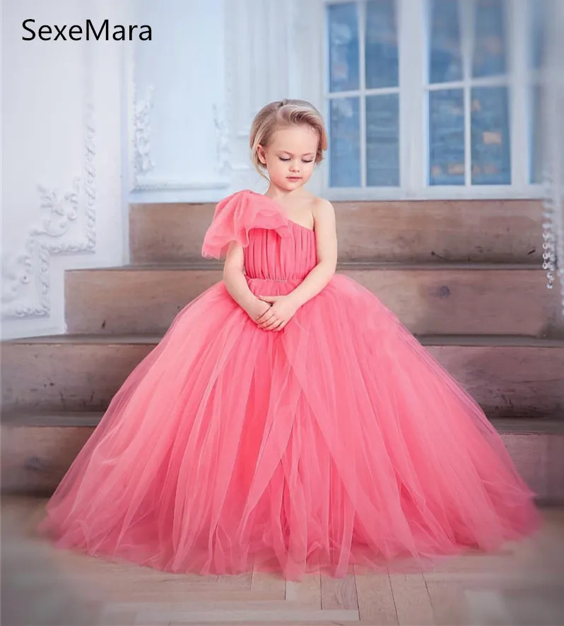 

Длинное платье с цветочным принтом для девочек, пышное Тюлевое детское платье на одно плечо, платье принцессы для дня рождения и свадьбы