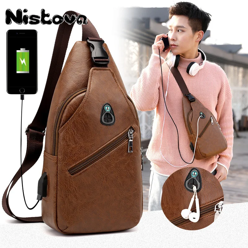 

USB Charging Men's Chest Bag Nistova Waterproof PU One Shoulder Sling Messenger Messenger Travel Cross Body Sports Bag Leisure