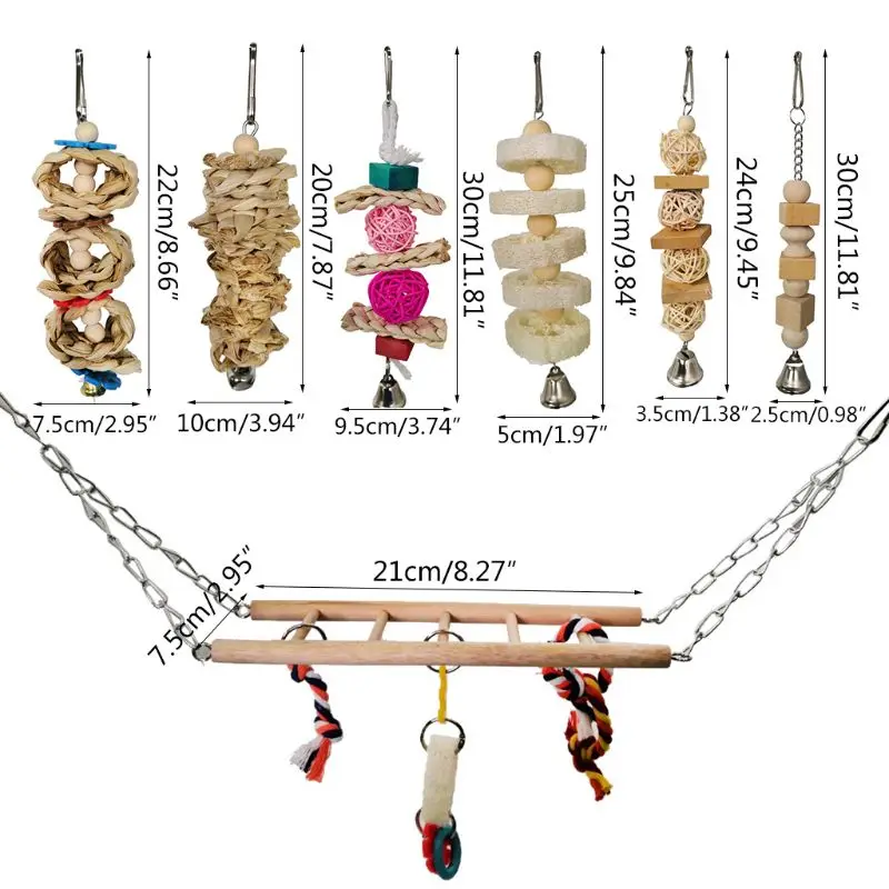 

7Pcs/Set Bird Parrot Toys Wooden Hanging Swing Hammock Climbing Ladders Perches