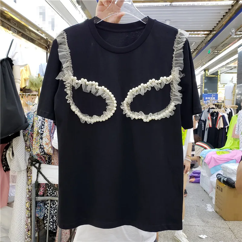 

Niche Stylish Simple Versatile T-shirt for Women Pearl Mesh Patchwork Short-Sleeved Tees Female 2021 Summer Sweet Cute Girl Tops