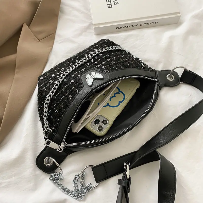 

Chain Chest Pack Women Waist Bags Designer Fanny Pack for Women Plaid Fashion Woolen Chest Bag Phone Pouch Casual 2021
