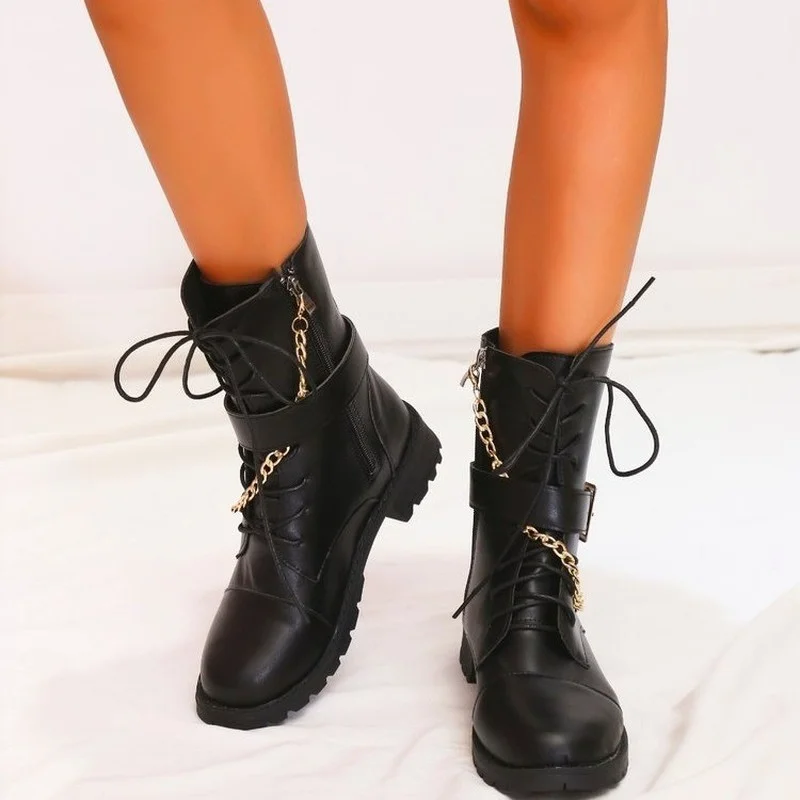 

2021 New Autumn Boots Fashion Quality Chunky Zipper Metal Chain Motorcycle Women Boots Internally Enhanced Leather Boots Gothic