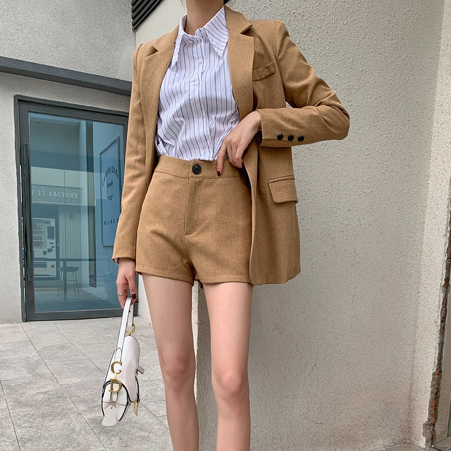 

2 Piece Sets Blazer Women Autumn Korean Suit Slim Jacket Shorts OL Suit with Belt Double-breasted Button Long Coat Black Blazer