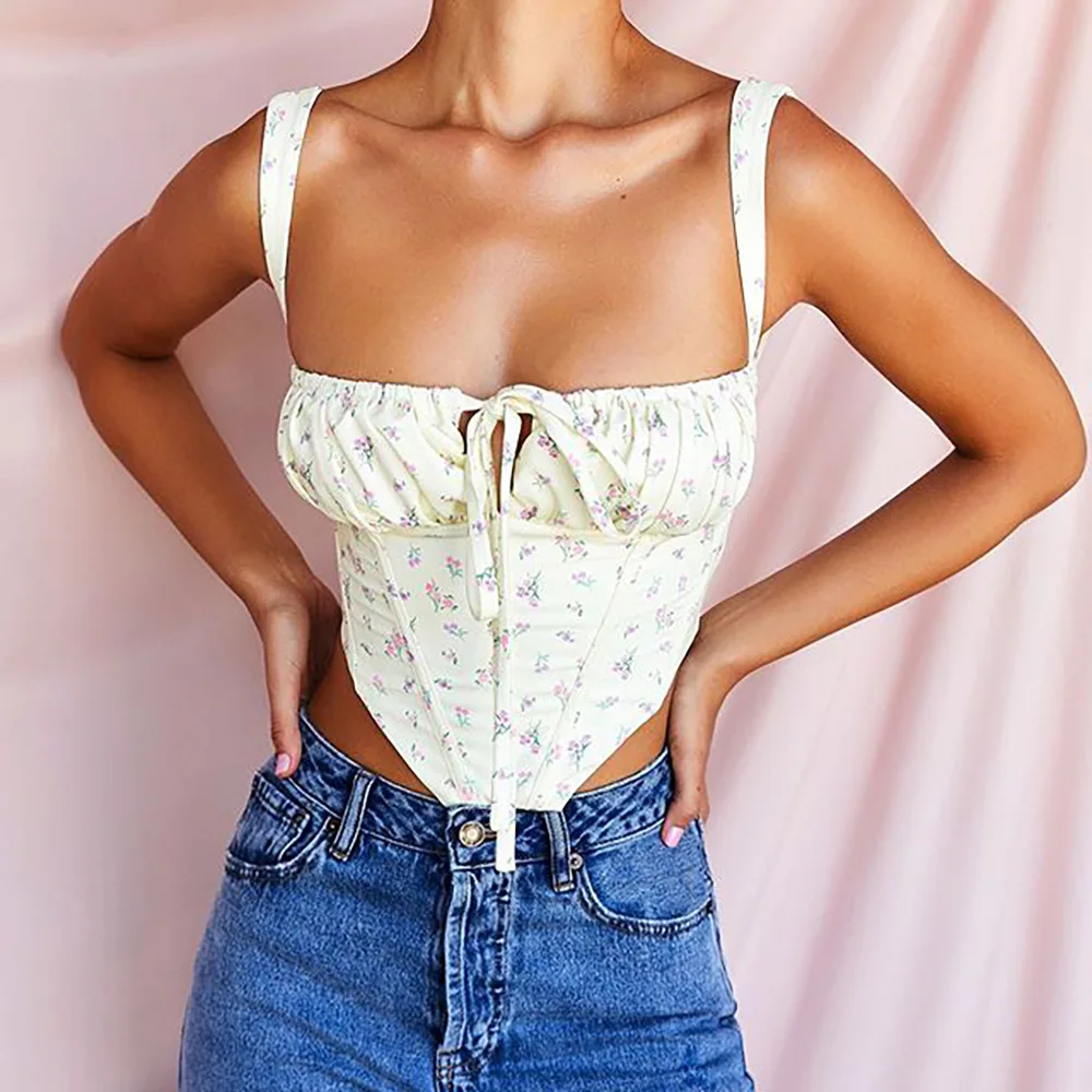 

Floral Corset Women Sweet Print Hollow Up Tie Up Sexy Crop Top Summer Sleeveless Ruched Boning Bustier Casual Tank Top Femme