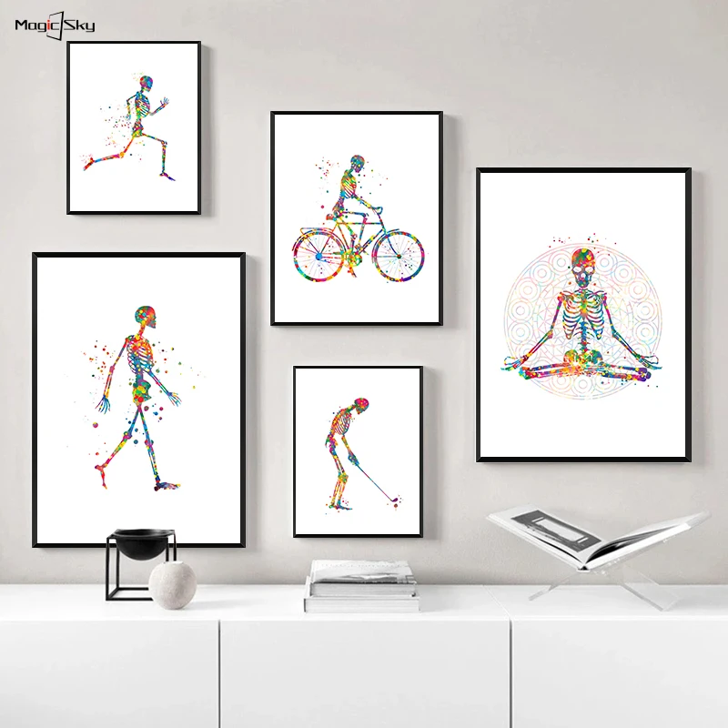 

Nordic Exercise Skeleton Watercolor Art Poster Print Abstract Anatomy Medical Canvas Painting Wall Art Picture Clinic Decor Home