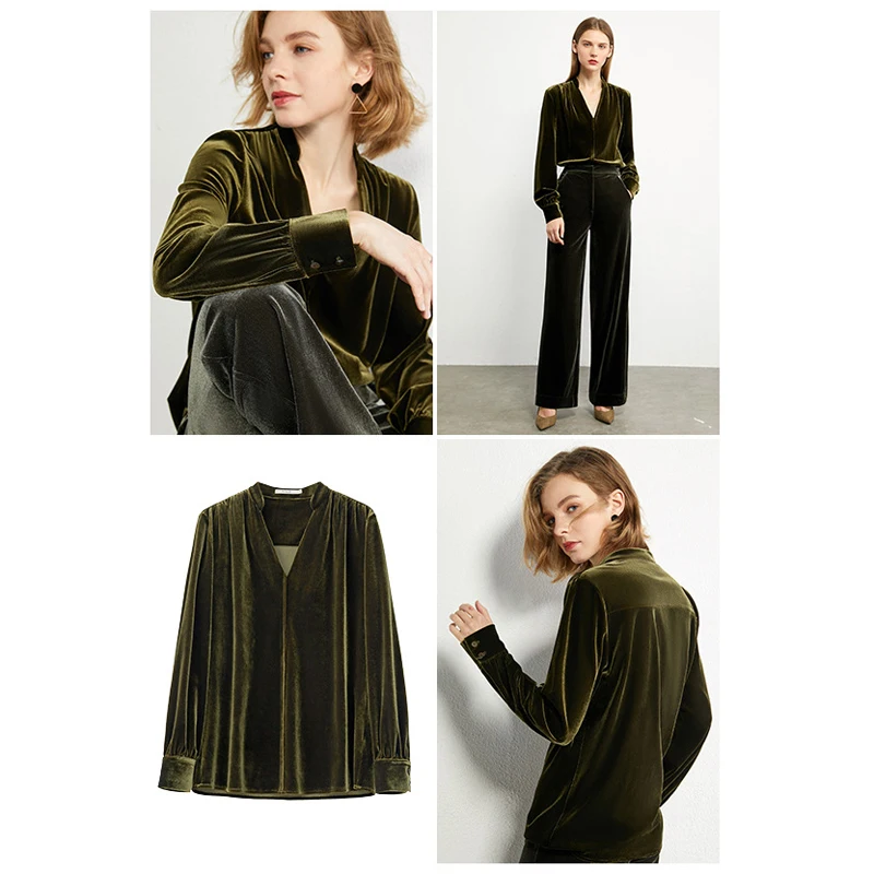 

Pleats Long Sleeve Blouse Femme Simple Fashion Tops Dark Green Vintage Velvet Office Lady Shirt 2021 New Autumn V-neck Women