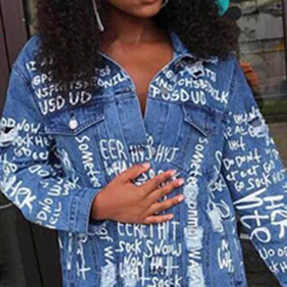 Винтажные потертые джинсы с буквенным принтом женская куртка осень 2020 зима