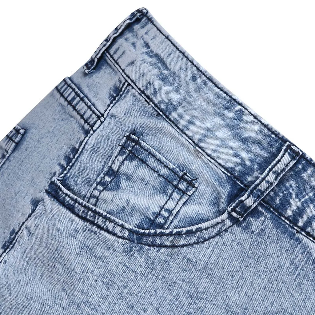 Мужские рваные джинсы с вышивкой синие эластичные облегающие брюки в стиле