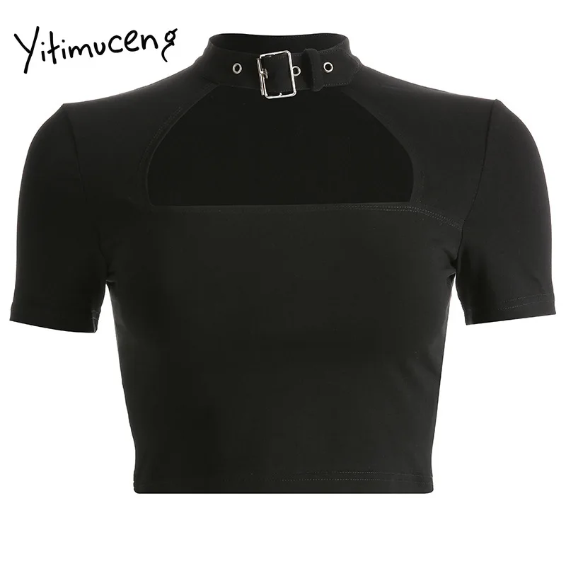 

Yitimuceng Halter Hollow Out Sexy Woman Tshirts Solid Long Sleeve Top Women Clothes 2021Spring New Fashion New Streetwear Tee