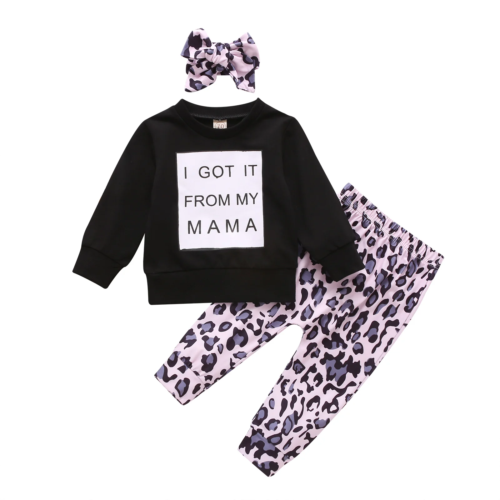 

3 Pcs Newborn Casual Outfits, Baby Girl Letter Print Long Sleeve Round Neck Pullover + Leopard Pants + Headband